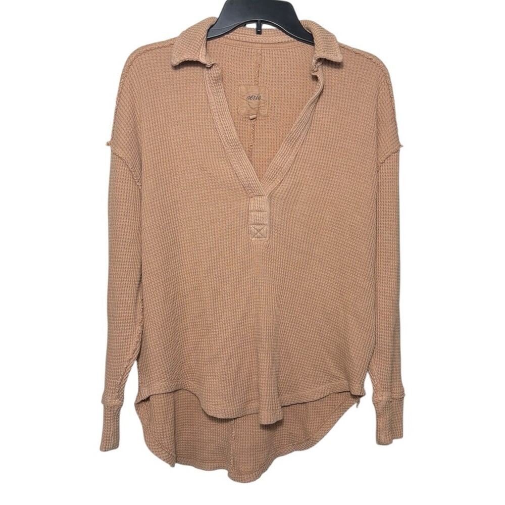 Aerie Lumbar Jane Waffle Knit Pullover Top Brown Size XS Oversized Slouchy - Picture 2 of 6